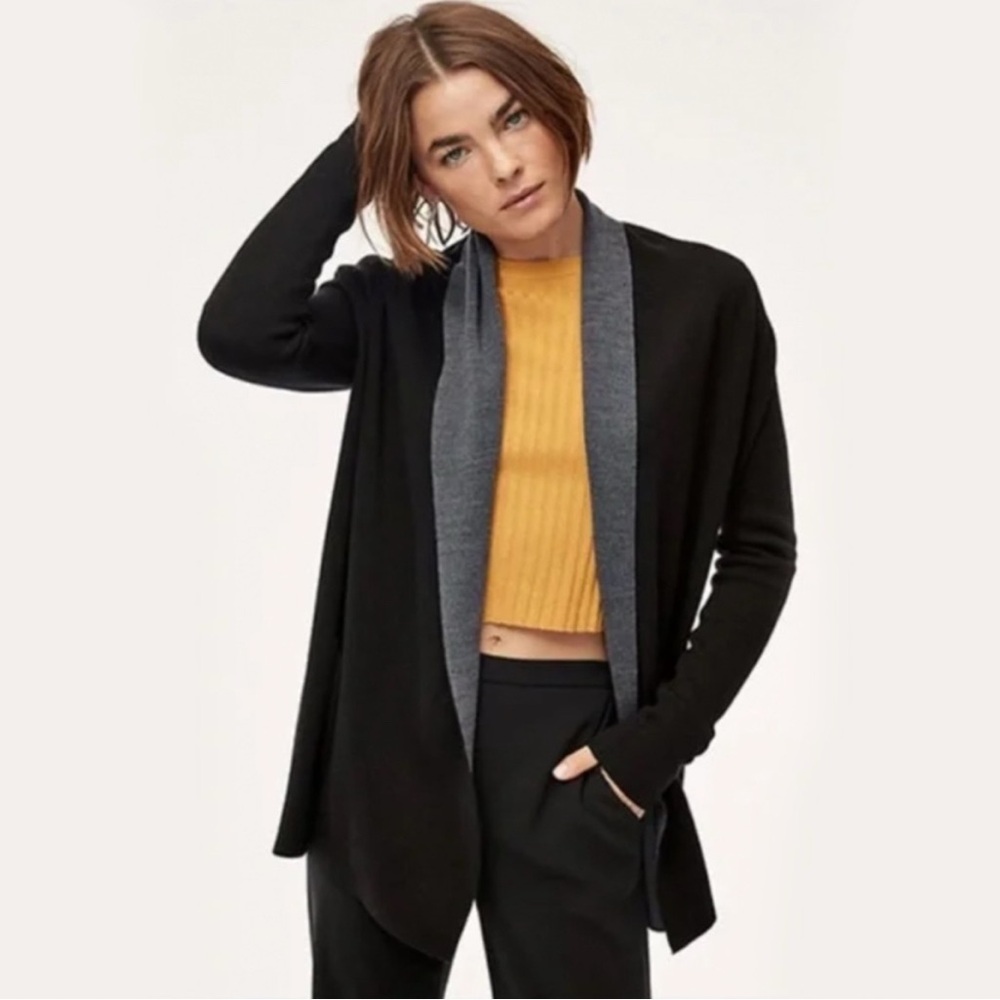 Aritzia Babaton Black & Grey Beekman Knit Wool Foldover Open Cardigan w/ Pockets